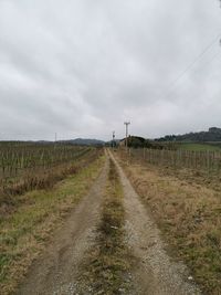 Dirt road amidst field against sky