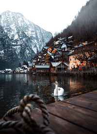 Scenic view of lake by snowcapped mountain