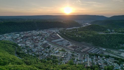 High angle view of townscape against sky at sunset