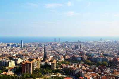 High angle view of buildings in city against sky