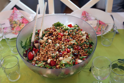 High angle view of salad in bowl on table