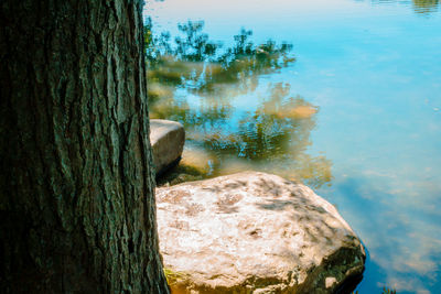 Scenic view of lake against rocks