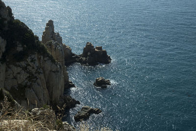 High angle view of rock formations by sea
