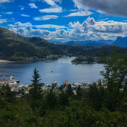 Scenic view of lake and mountains against sky