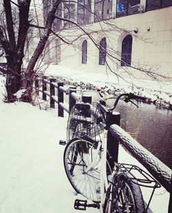 Bicycle by snow covered tree against building