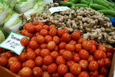 Tomatoes for sale at market stall