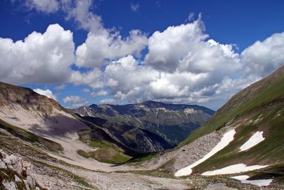 Scenic view of mountains against cloudy sky