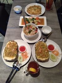 High angle view of breakfast served on table