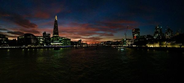 City at waterfront during sunset