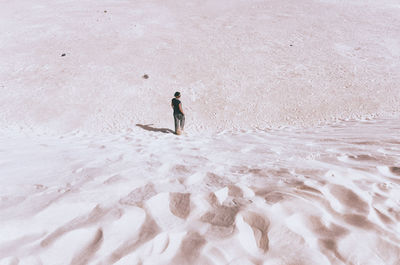 Rear view of woman walking at sandy beach on sunny day