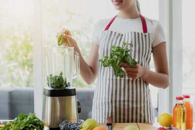 Midsection of woman holding potted plant at home