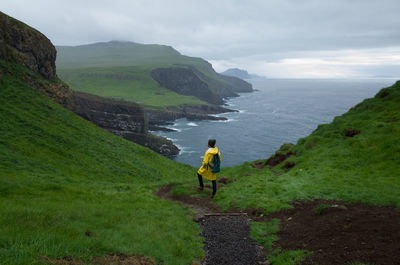 Rear view of woman standing against sea