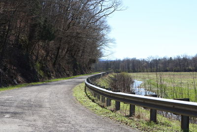 Road amidst bare trees against clear sky