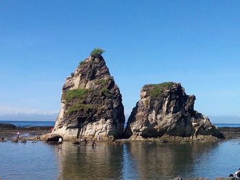 Rock formations in sea against clear blue sky