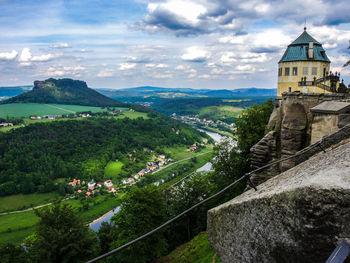 Scenic view of mountains against cloudy sky