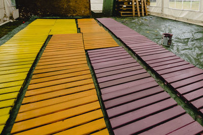 High angle view of multi colored umbrella on footpath by building