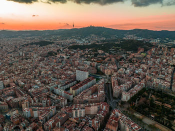 High angle view of townscape against sky during sunset