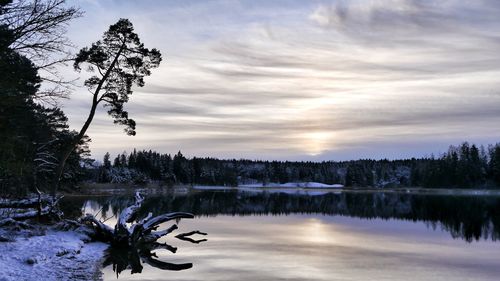 Scenic view of lake against sky at sunset