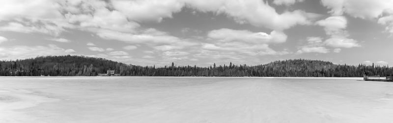 Scenic view of snow covered land against sky