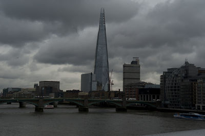 Bridge over river with buildings in background