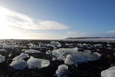 Ice rocks on jökulsárlón black lava beach in iceland in winter time 