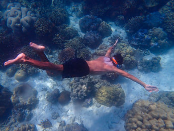 Man free-diving underwater with corals view, water sport activity