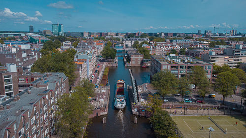 High angle view of buildings in city