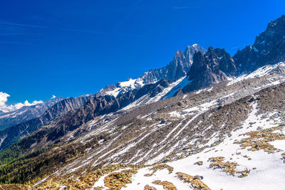 Scenic view of snowcapped mountains against blue sky