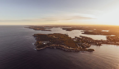 Drone view of north head headland in manly, sydney, new south wales, australia. manly beach on right