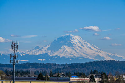 Scenic view of snowcapped mountains against blue sky