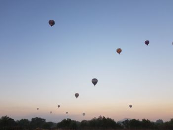 Low angle view of hot air balloons against sky during sunrise