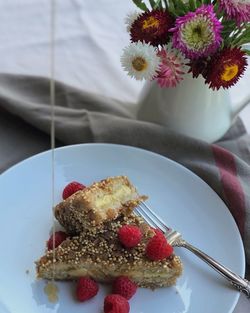 High angle view of dessert in plate on table