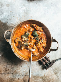 High angle view of drink on table