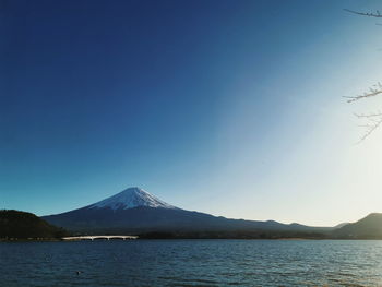 Scenic view of lake by mountains against clear blue sky