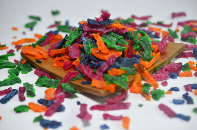 Close-up of chopped vegetables in plate on table