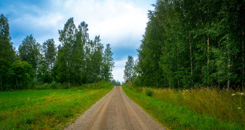 Road amidst trees on field against sky