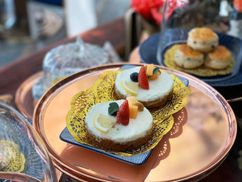 High angle view of dessert in plate on table
