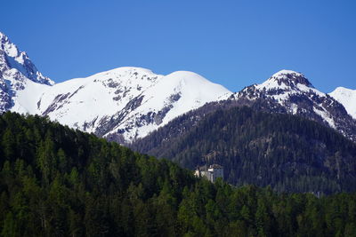 Scenic view of snowcapped mountains against clear blue sky