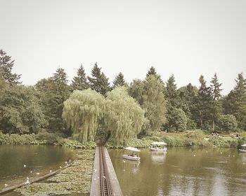 Scenic view of lake in forest against clear sky