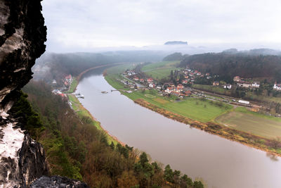 Scenic view of river by mountains against sky