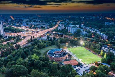 High angle view of townscape against sky during sunset