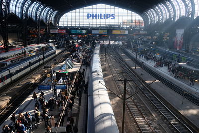 High angle view of train at railroad station