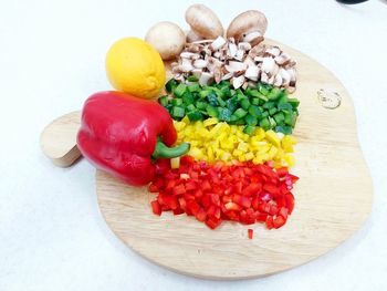 High angle view of chopped fruits on table