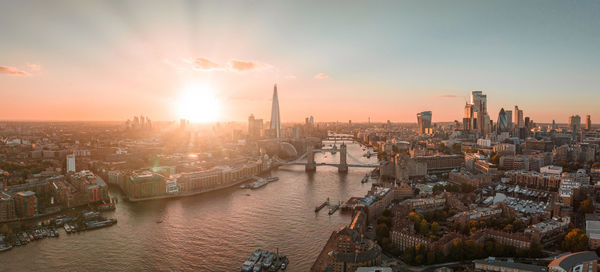 Aerial view of the london tower bridge at sunset.