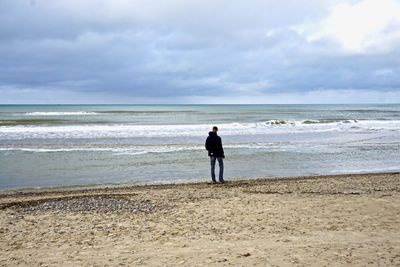 Rear view of man standing at beach against sky