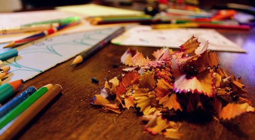 Close-up of pencil shavings on table