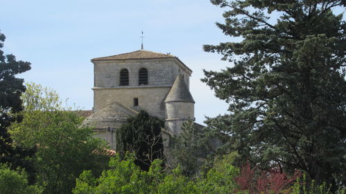 Low angle view of trees and building against sky