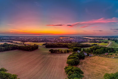 High angle view of landscape against sky during sunset