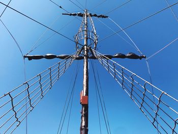 Low angle view of electricity pylon against clear blue sky