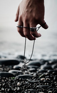 Close-up of hand holding leaf at beach